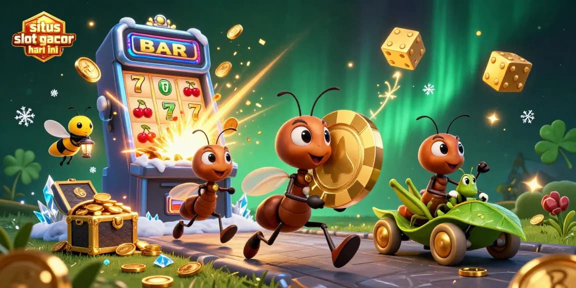 Engage with situs slot gacor hari ini featuring cartoon ants executing a heist amidst a jackpot explosion in a colorful casino scene.