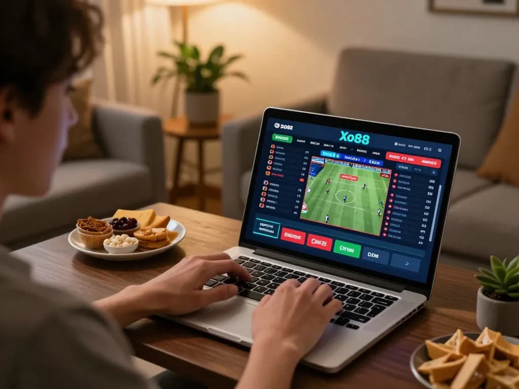 Xo88 user engaged in sports betting from home, laptop screen showing live odds.