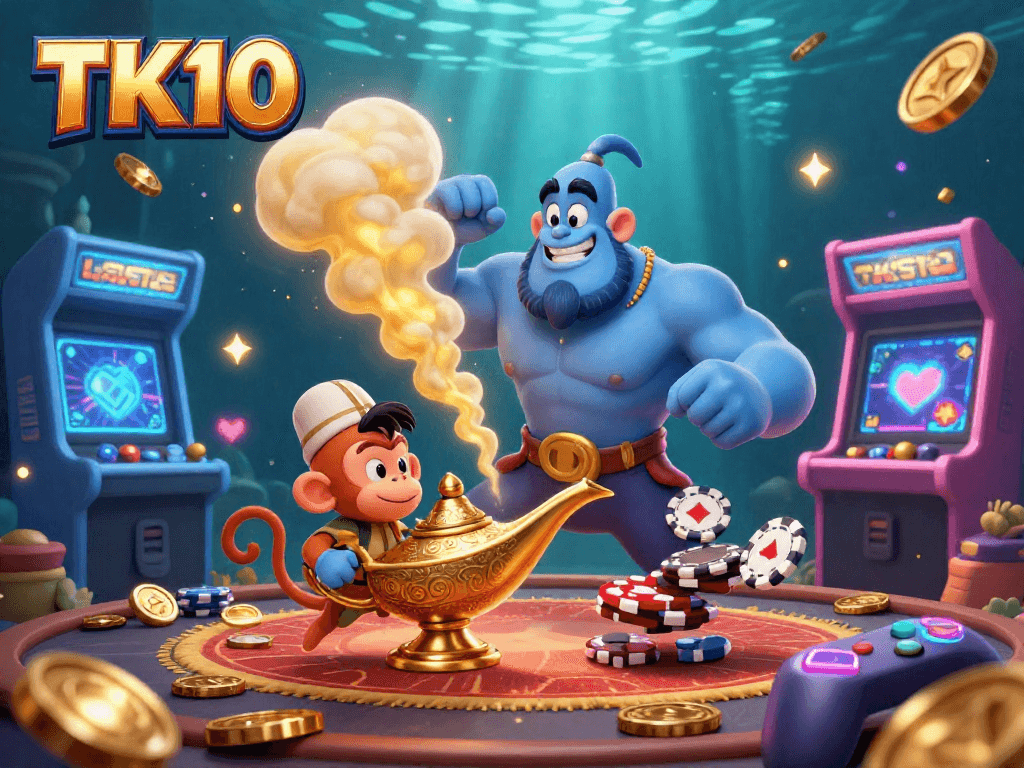 Experience the thrilling adventures of TK10 online betting with dynamic casino elements in an exciting illustration.