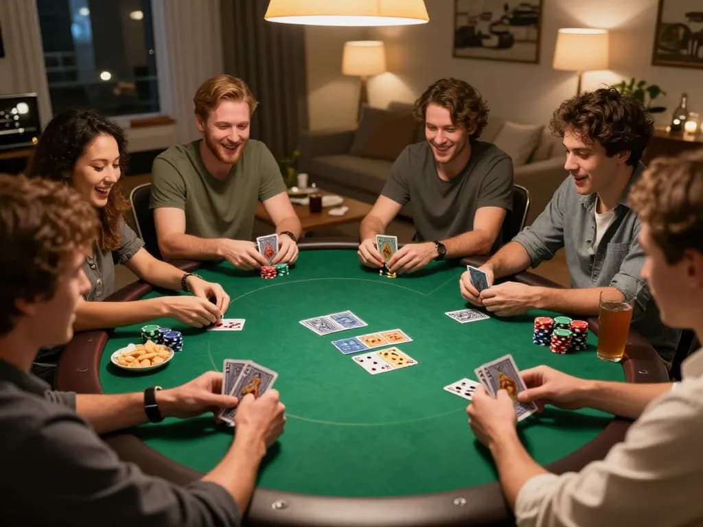 Sahabat yang terlibat bermain poker di rumah, menampilkan adegan judi yang menarik dengan strategi jus77.