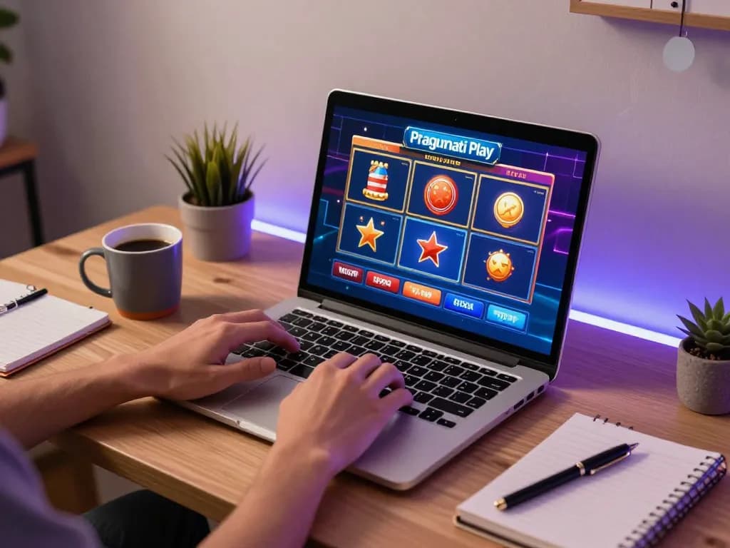 Engaged player exploring Pragmati Play slots on a modern laptop in a stylish home office
