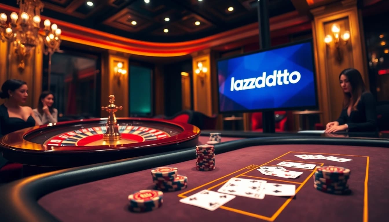 Lazadatoto players engaging at a luxury poker table in a vibrant casino atmosphere.