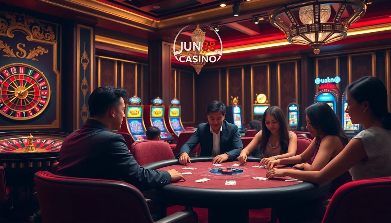 Players immersing in jun88 casino excitement with roulette, poker, and luxurious atmosphere.