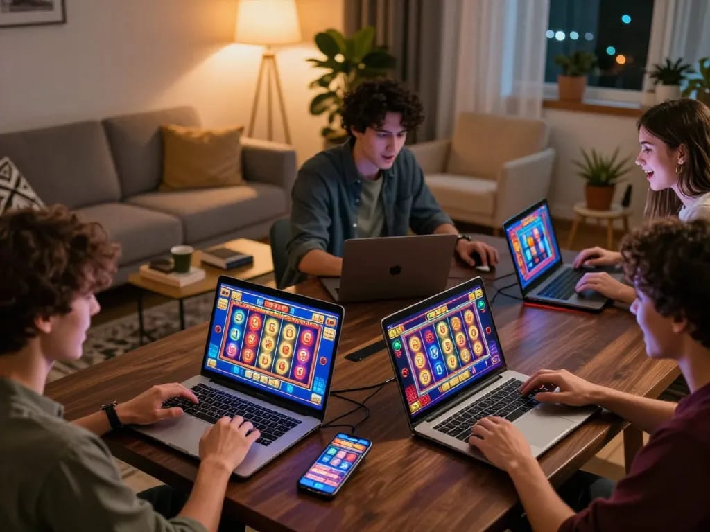 Engaged players enjoying the excitement of playing slot online games from home, showcasing vibrant game interfaces.