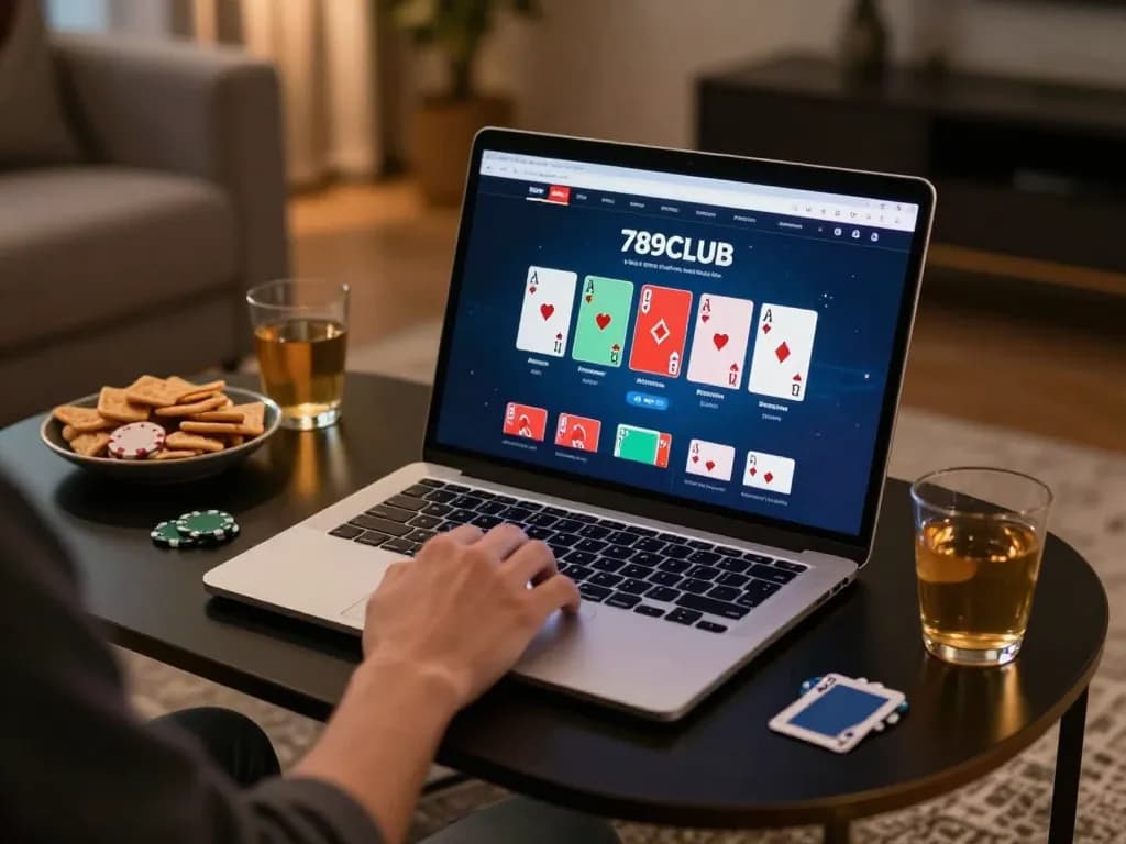 Player engaging with poker game interface at 789CLUB on a laptop in a cozy living room.
