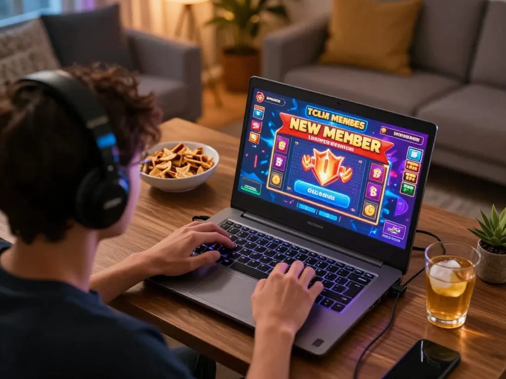Engaging gaming experience with bonus new member offer displayed on a laptop screen.