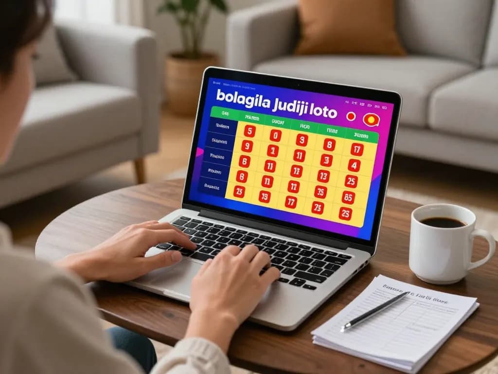 Engaging in Bolagila Judi Lotto betting on a laptop in a cozy home environment.