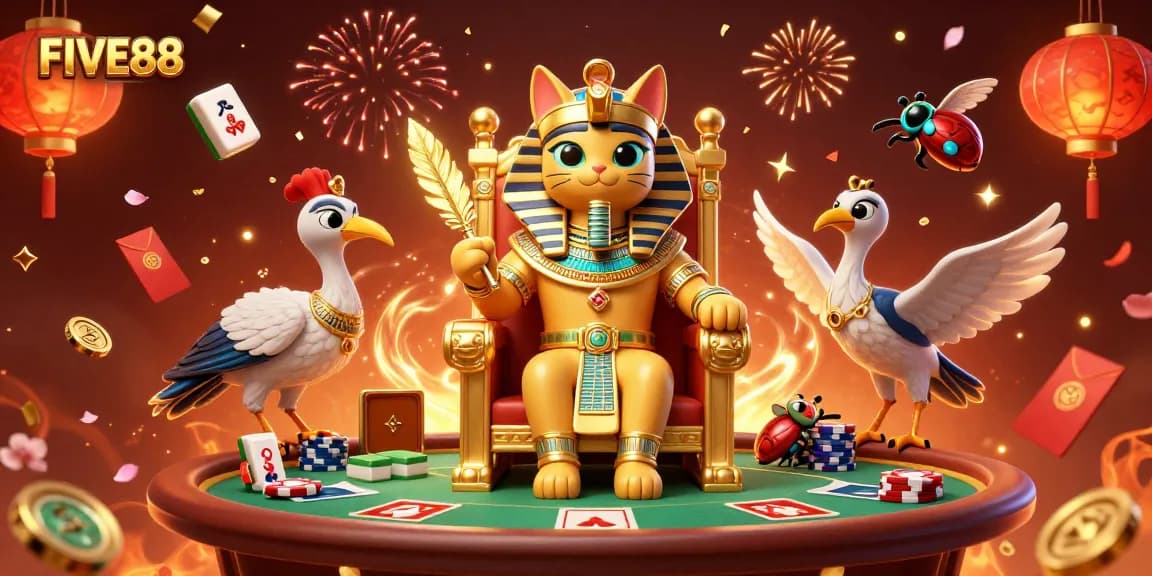Experience the thrill of FIVE88 poker with vibrant characters and game elements in this festive illustration.