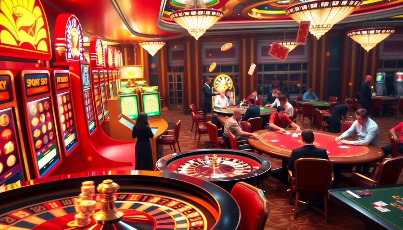 Experience thrilling casino action with vibrant displays at https://rr88.mov/, featuring slot machines and poker tables.