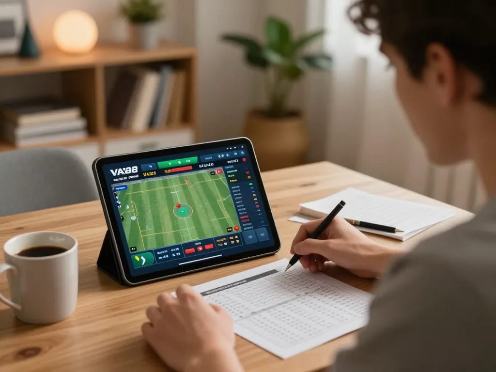 Engaged player using VA88 for live sports betting action at home.
