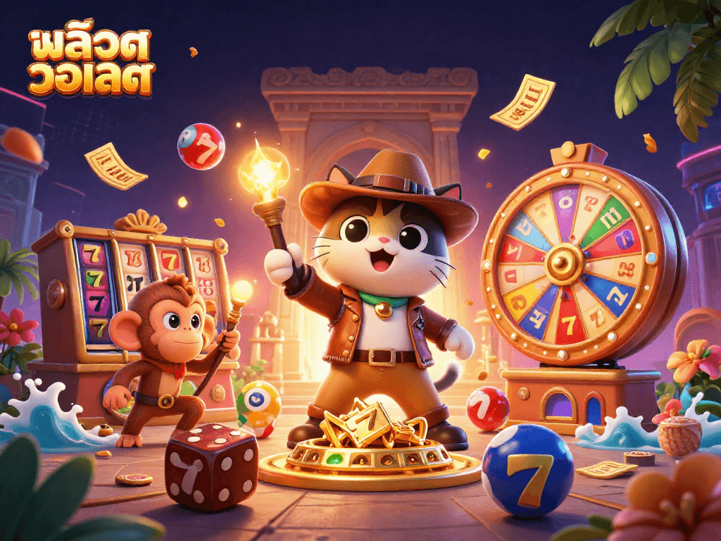 Engage in exhilarating gaming with สล็อตวอเลท, featuring a vibrant scene of an archaeologist cat discovering casino treasures.