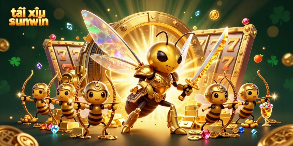 Engage in tài xỉu sunwin with a lively scene of golden hornets and slot reels bursting with treasures.