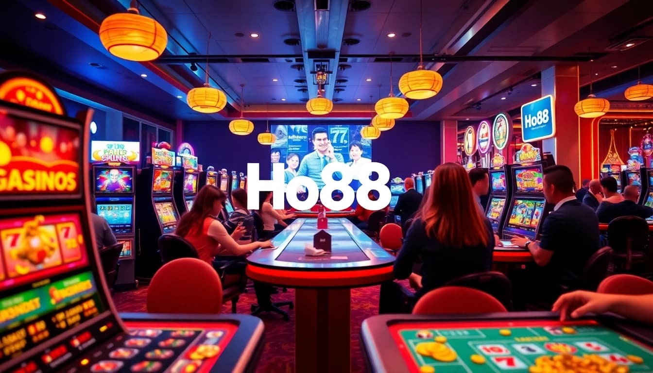 Exciting online gambling experience at Ho88, showcasing vibrant slot machines and live dealers.