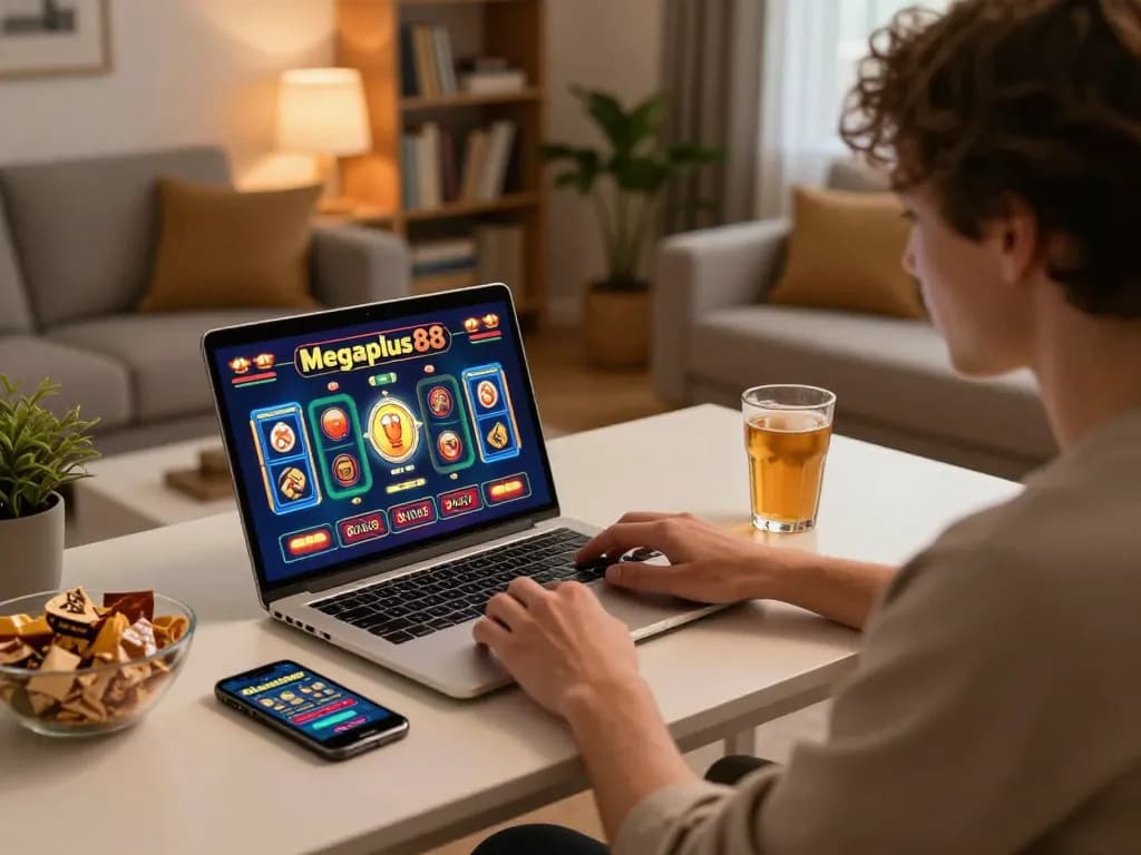 Engaging online gaming session on megaplus88 with a laptop and smartphone in a cozy home setting