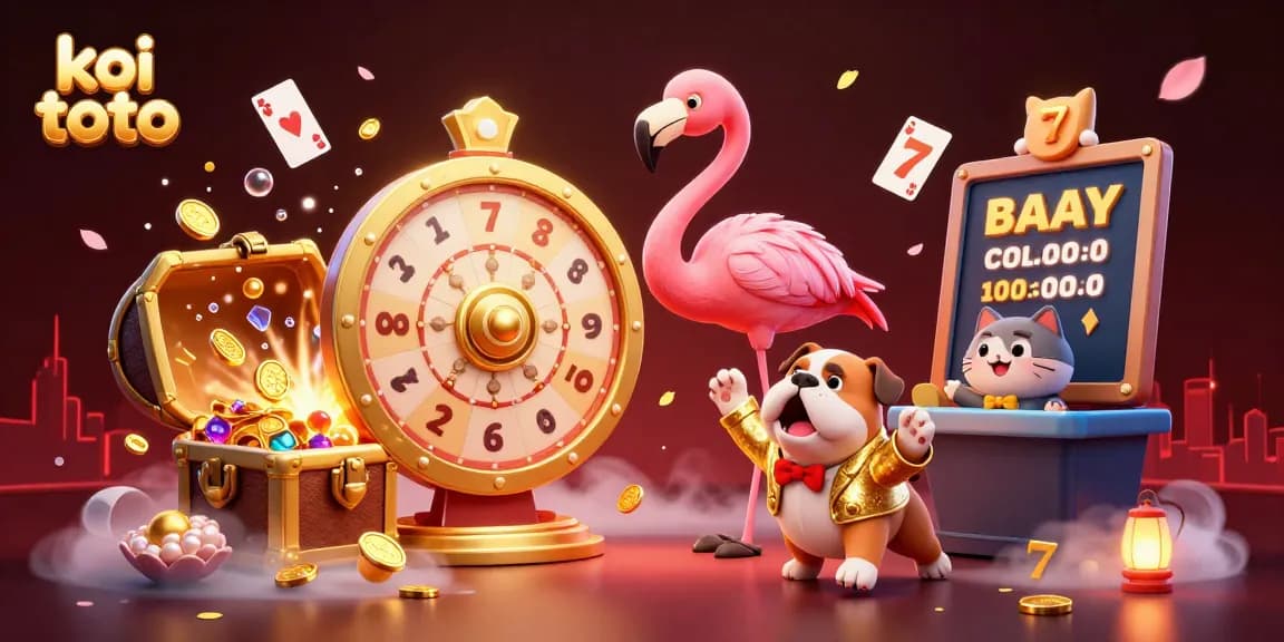 Spin the giant prize wheel with koi toto while the excited bulldog celebrates amidst vibrant casino elements.