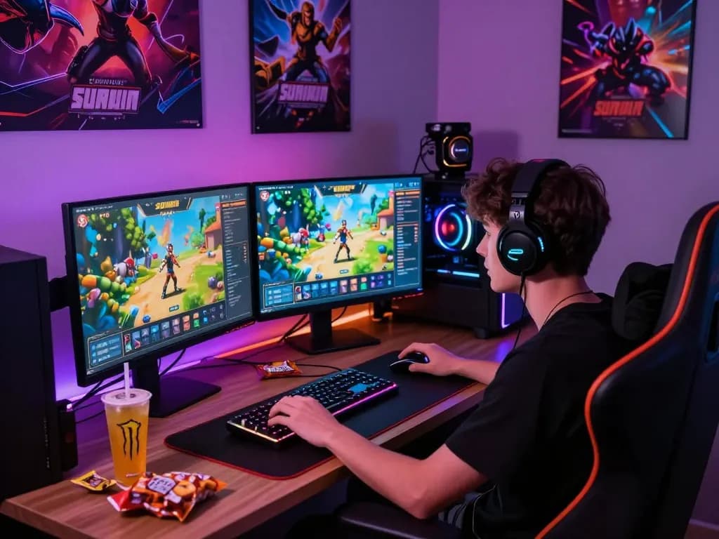 Interactive gaming scene showing link vào sunwin on vibrant dual monitors amid an immersive gaming setup.