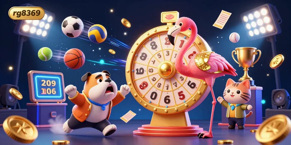 Experience thrilling game show excitement with rg8369, featuring a flamingo host, bulldog contestant, and dynamic sports elements.