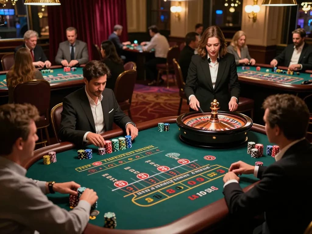 open88 players enjoying roulette at a luxurious casino with vibrant atmosphere