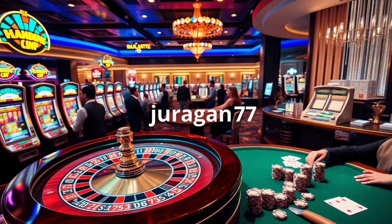 Experience the thrill of gameplay with juragan77 at a luxurious casino featuring roulette and vibrant slot machines.
