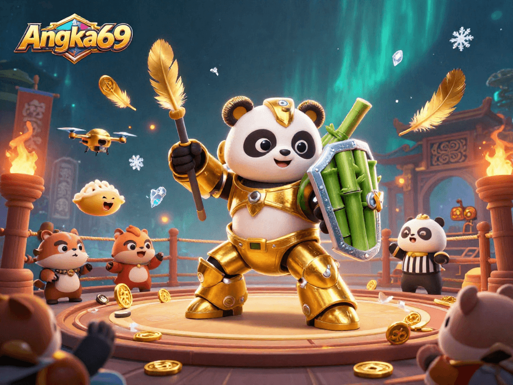 Experience Angka69 live with an exciting, action-packed casino arena featuring a mech-suit panda pilot.