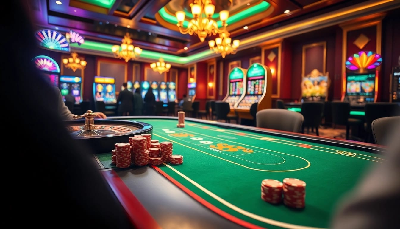 Experience thrilling bets at Taya365 with a luxurious casino scene featuring a poker table and roulette wheel.