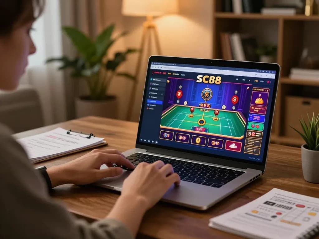 Player enjoying SC88 online casino gaming with laptop in a stylish home office.
