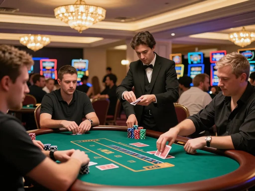 Players engaging in an intense game bai session with chips and cards, vibrant casino atmosphere.