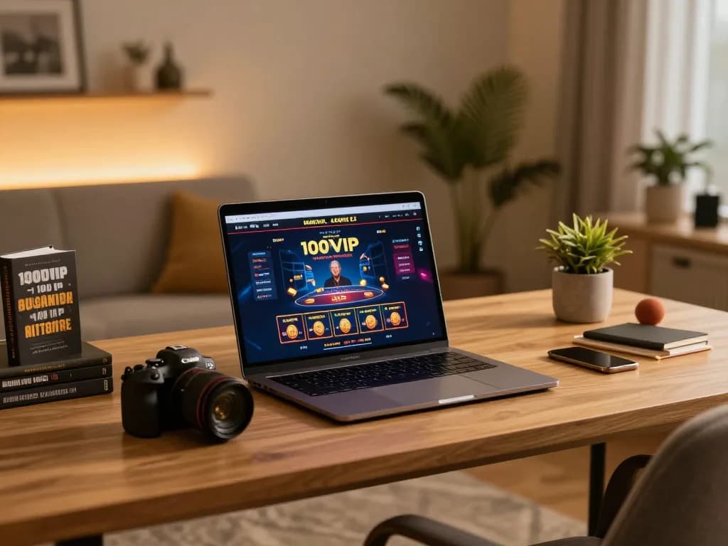 Engaged player using 100VIP online casino platform on a laptop in a cozy home setup, emphasizing responsible gaming.