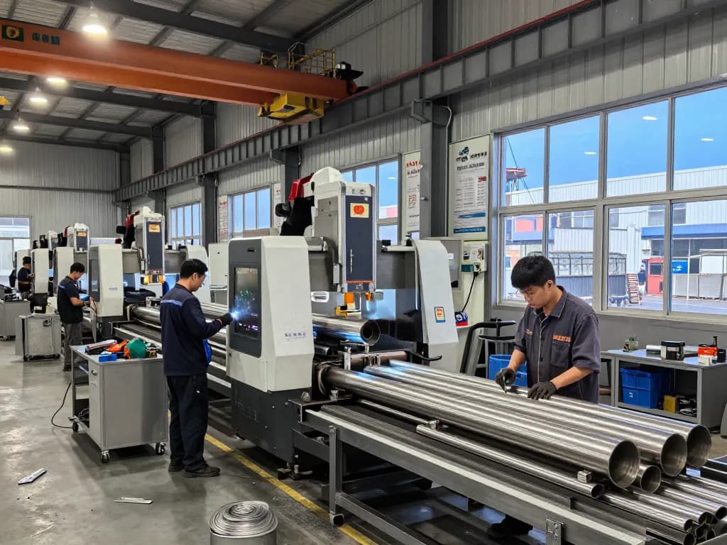 Workers at Sumwin stainless steel facility fabricating pipes and tubes in a dynamic industrial setting.