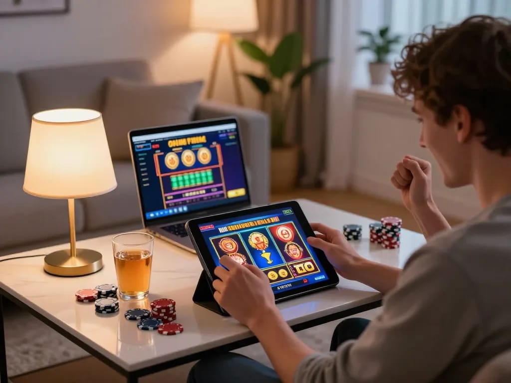 Player enjoying a thrilling moment at 789win online slots, celebrating a win in a cozy living room.
