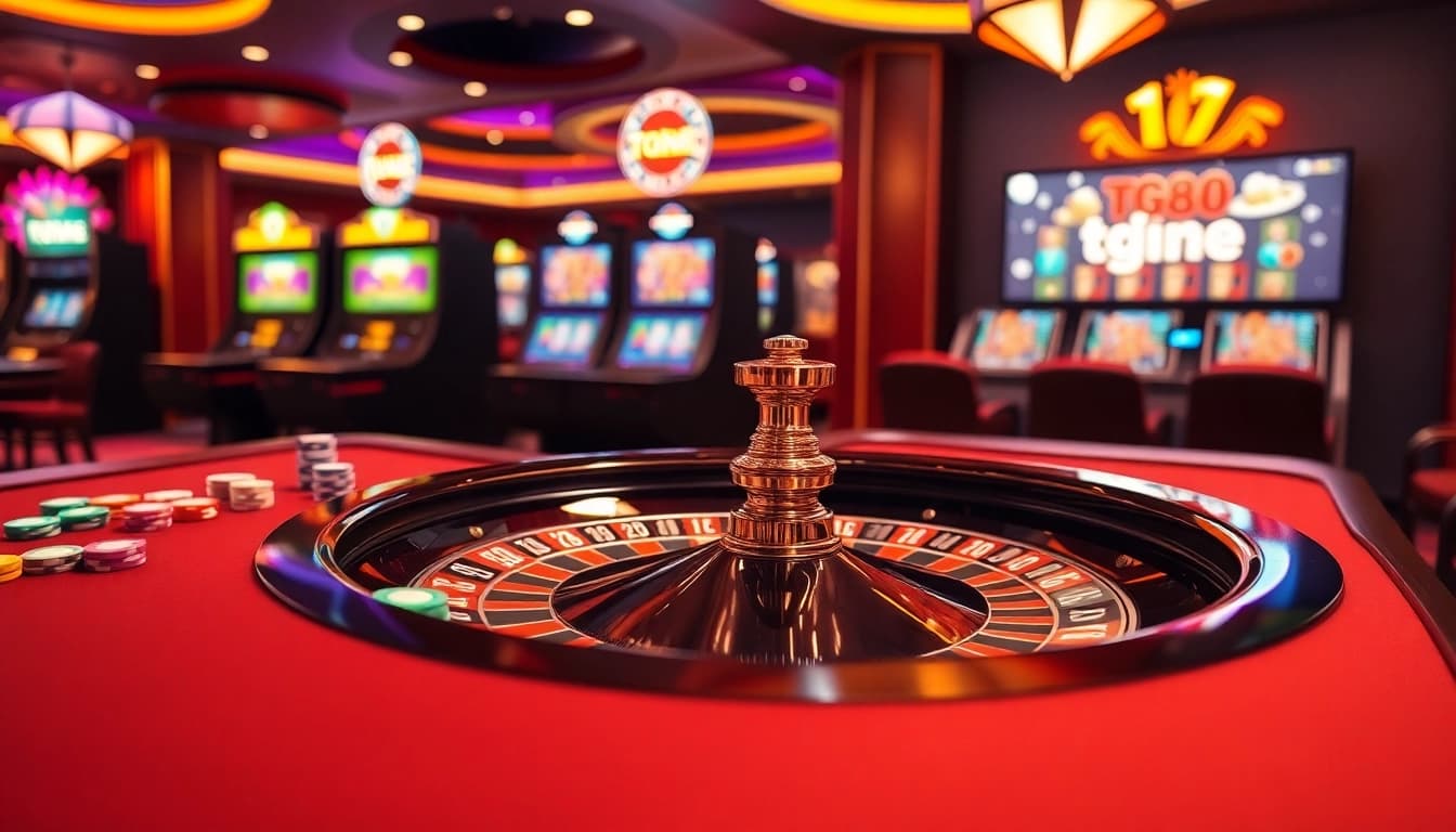 Exciting casino scene showcasing tg88 roulette table and vibrant slot machines for gamblers.