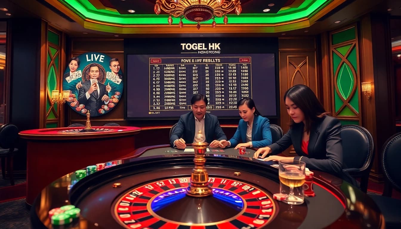 Togel HK players actively participating in a live draw at a luxurious casino, highlighting an exciting gambling atmosphere.