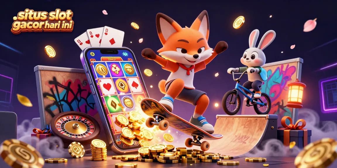 Engage in winning with situs slot gacor hari ini, illustrated through a vibrant scene of a fox and rabbit amidst dynamic casino elements.