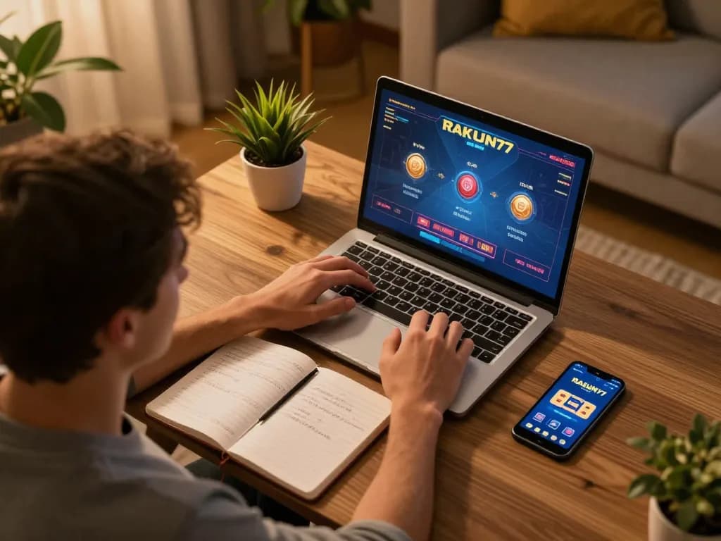 Pemain mengakses RAKUN77 di laptop di rumah, menunjukkan suasana perjudian yang strategis.