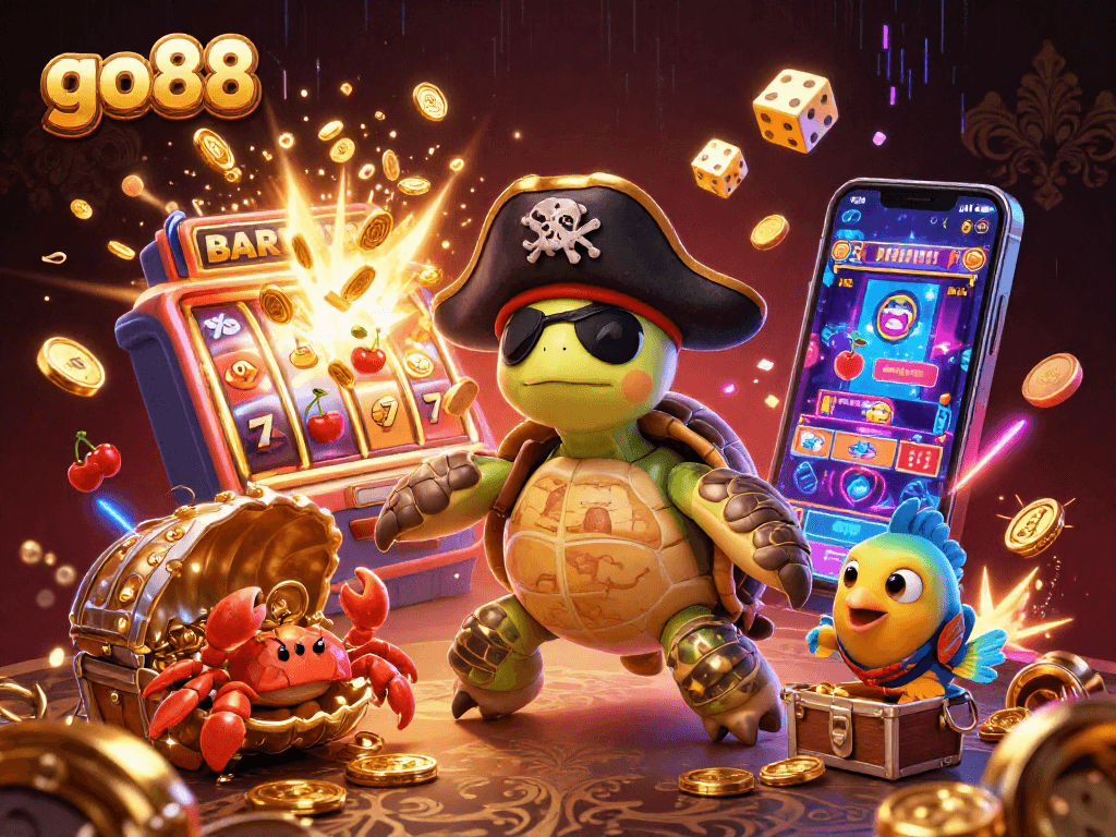 Experience go88 thrills with a pirate turtle and treasure in a vibrant casino scene.