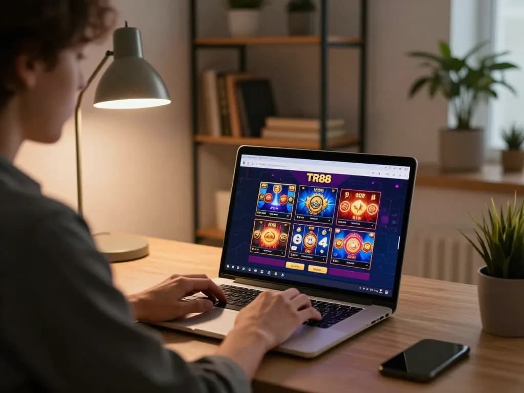 Player engaging with TR88 online games in a cozy home environment, showcasing focus and strategy