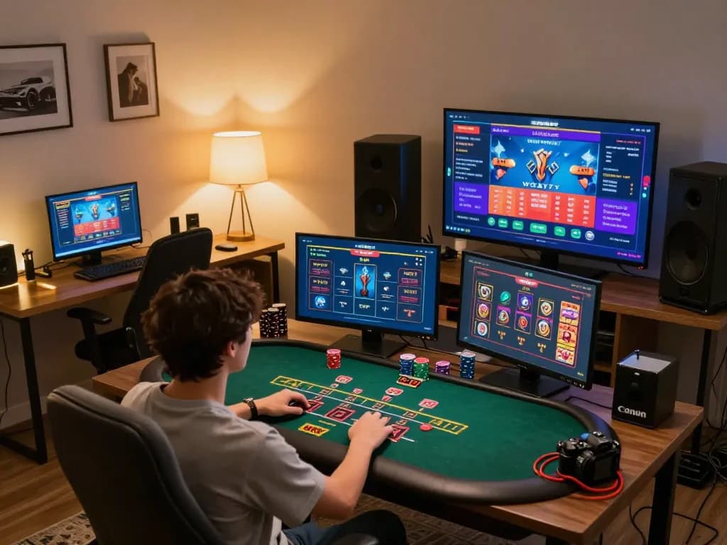 wstar77 player enjoying a live blackjack game online at their stylish home office.