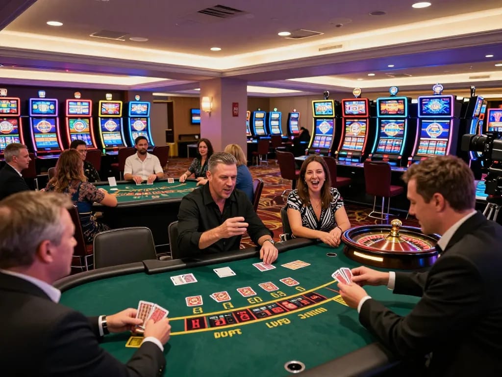 A thrilling casino scene capturing players at go99 blackjack tables, with a dealer shuffling cards and vibrant slot machines in the background.