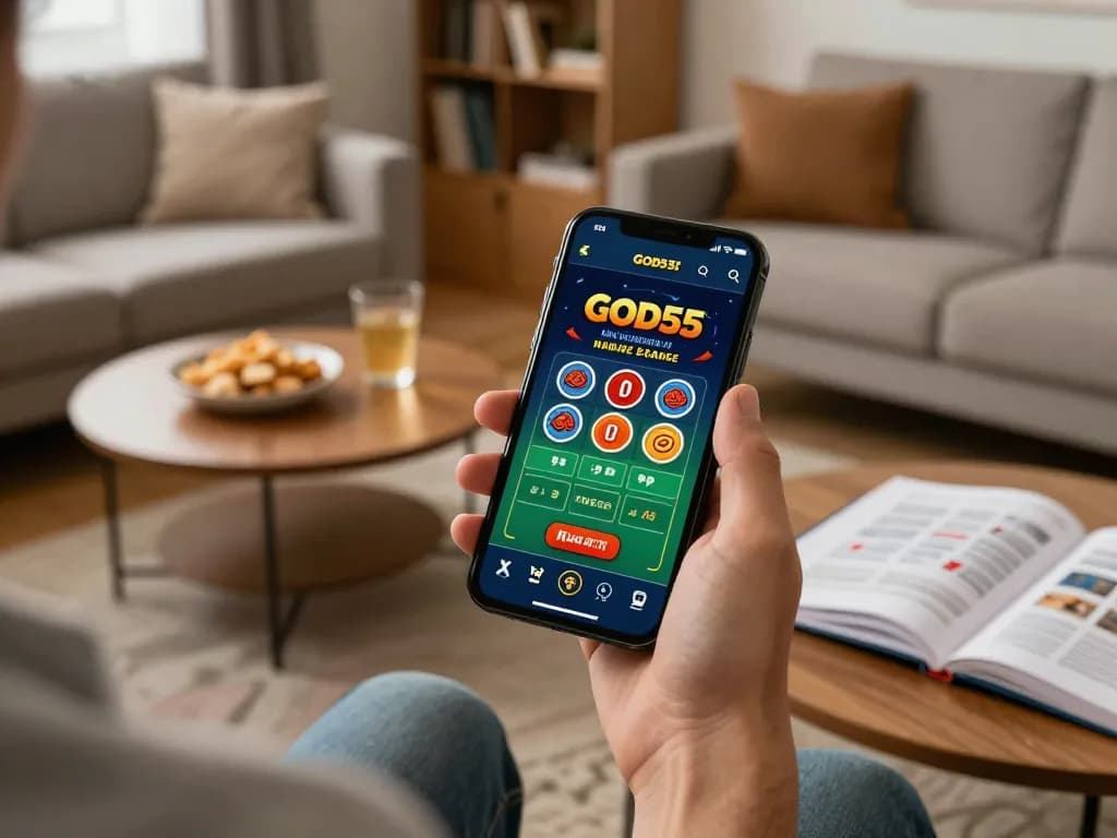 Experience online gaming with God55 app on smartphone in a cozy living room while enjoying snacks.