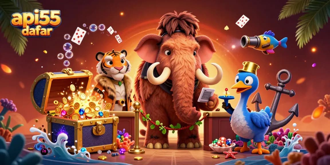 Join the action with api55 daftar at the vibrant casino entrance featuring a mammoth bouncer and a saber-tooth tiger.