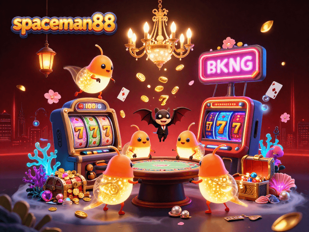 Experience the thrilling action of spaceman88 in this vibrant casino scene with glowing elements and a bat dealer.