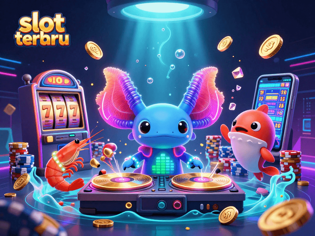 Spin slots with the vibrant axolotl DJ in a colorful casino scene showcasing slot terbaru excitement.