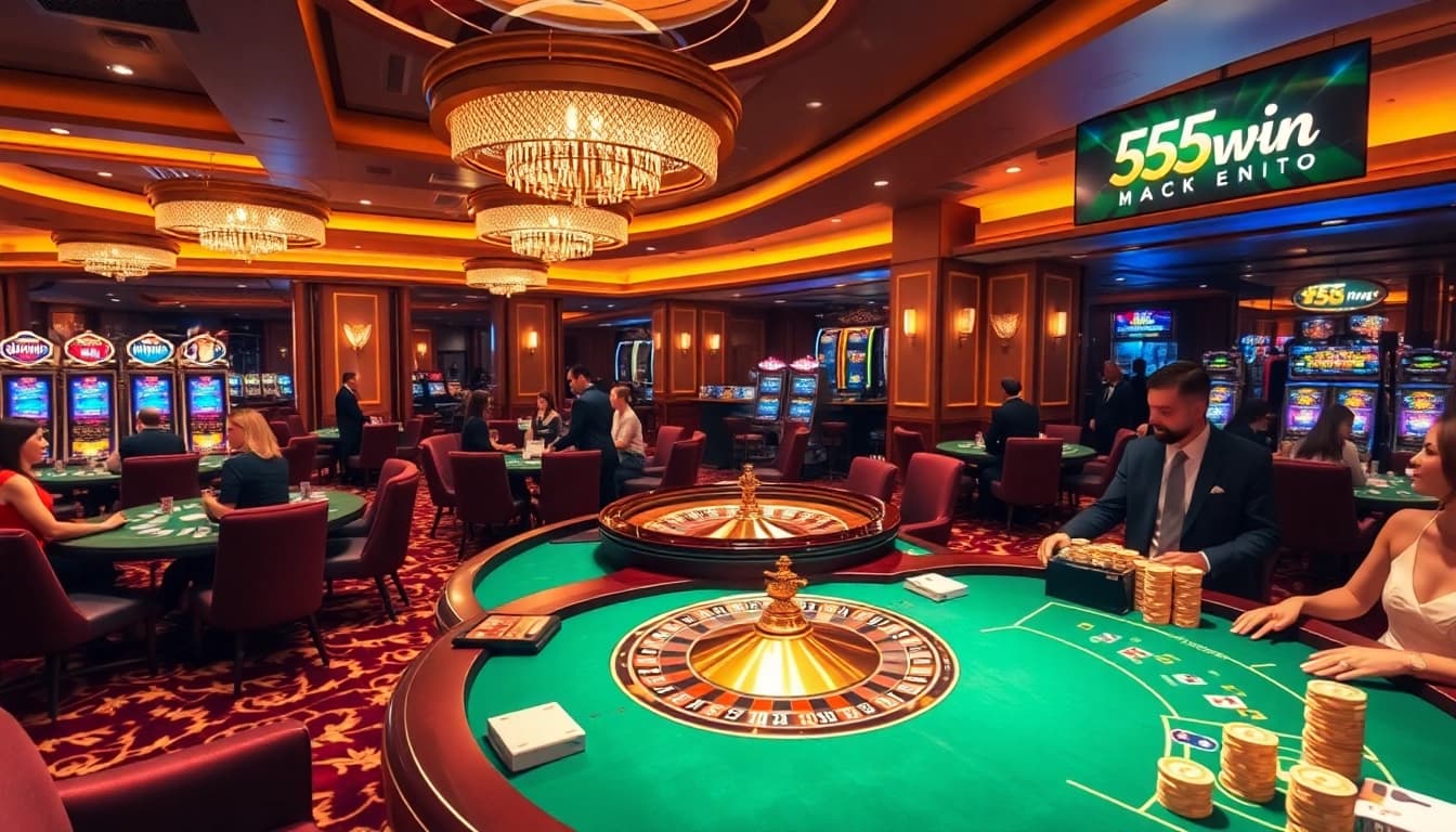 Players enjoying a vibrant casino experience at 555win with poker tables and roulette wheels.