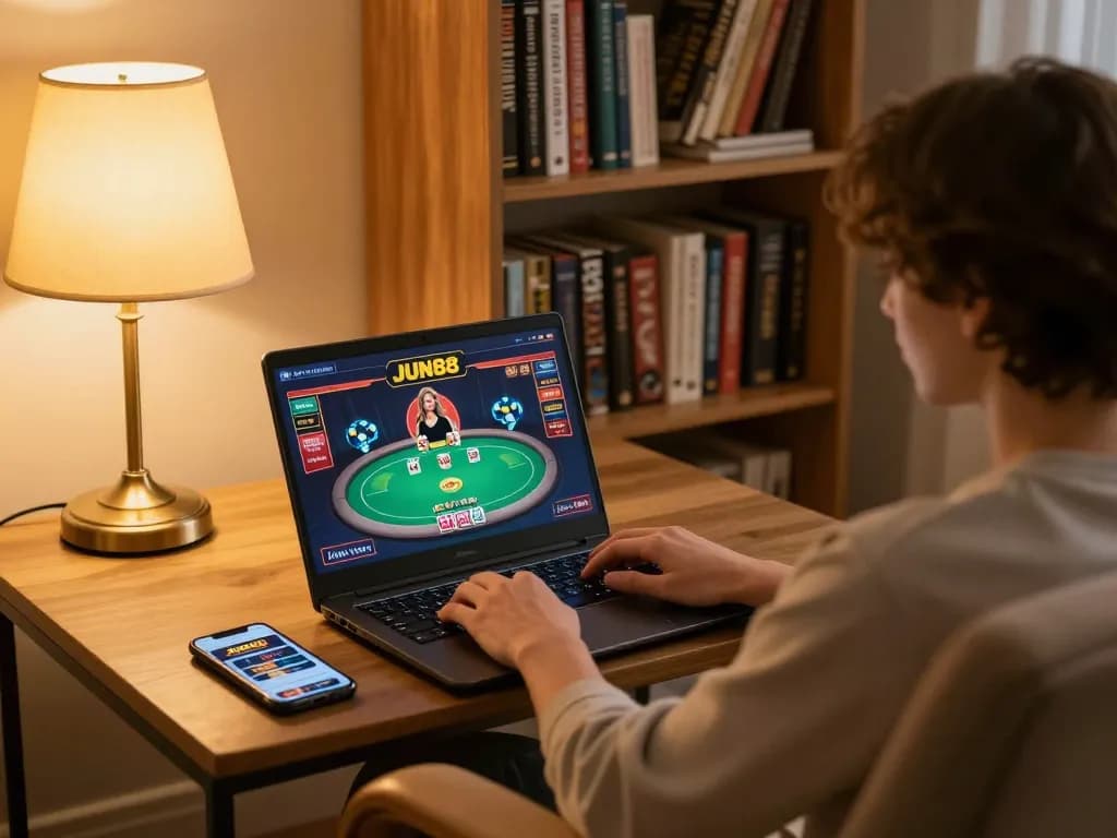 Player enjoying JUN88 online casino games on a laptop in a cozy home setup.