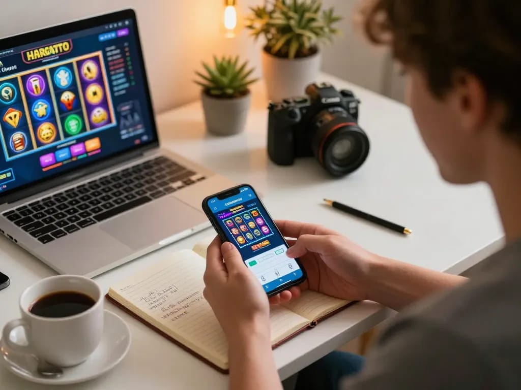 Pemain terlibat dengan permainan slot HARGATOTO di smartphone, menunjukkan gameplay toto yang menarik.