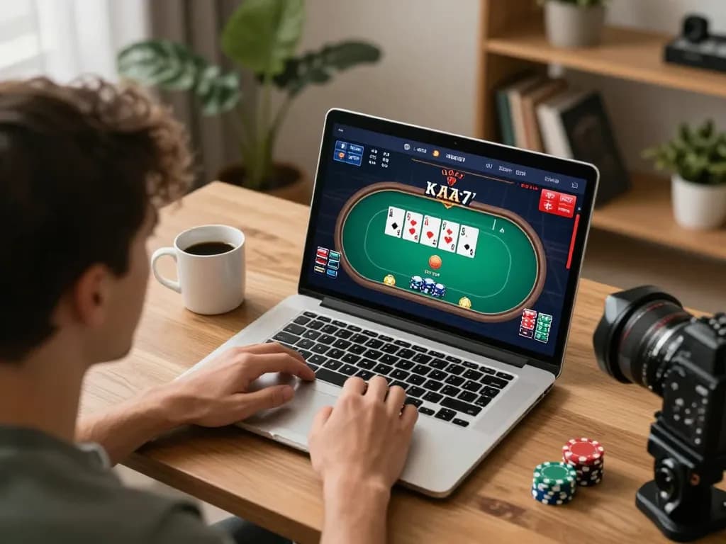 Engaging with online poker at https://sc88.games/ on a cozy home setup, showcasing gameplay and strategic focus.