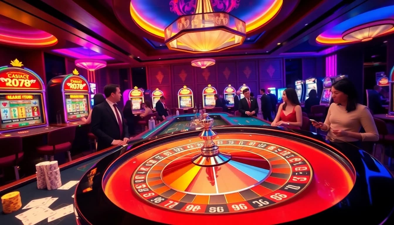RR88 players enjoying thrilling casino games with roulette, poker chips, and slot machines.