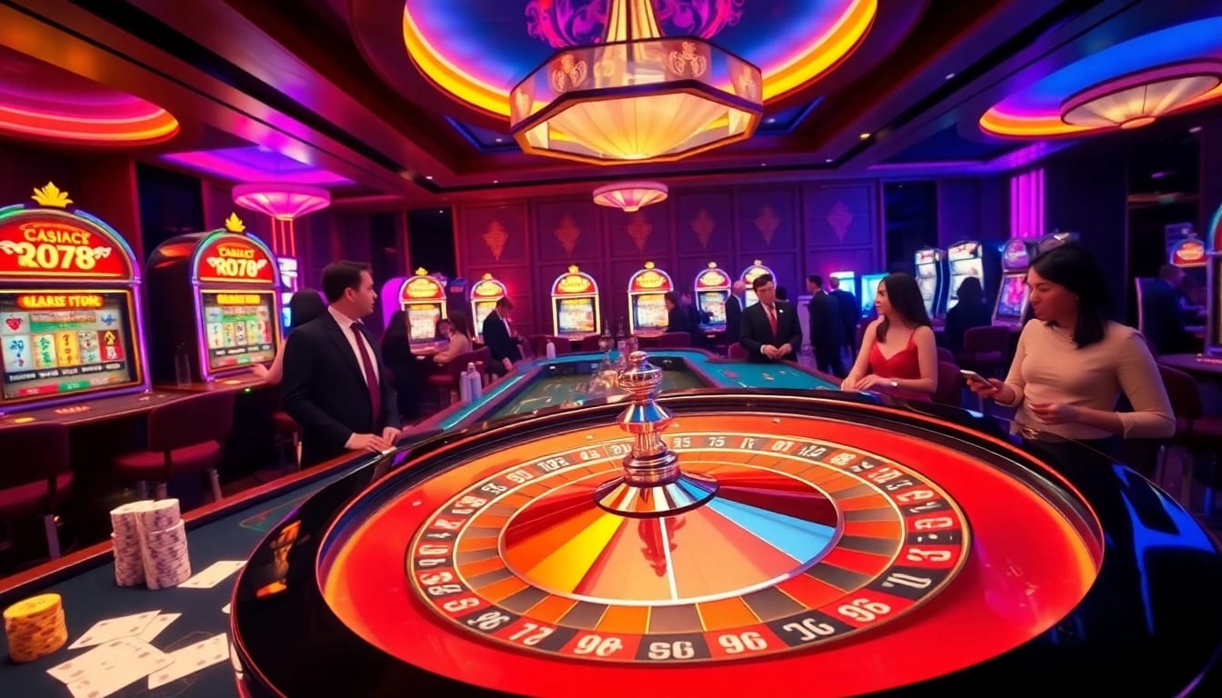RR88 players enjoying thrilling casino games with roulette, poker chips, and slot machines.