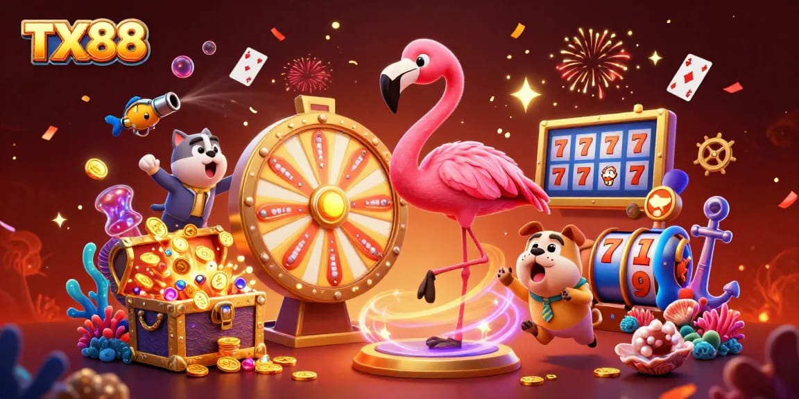 Engage with TX88's captivating slots jackpot scene featuring a game show host and vibrant prizes.