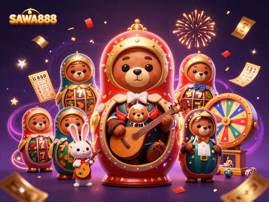 SAWA888 features a vibrant illustration of a cartoon Russian doll revealing casino dealers and themed elements.
